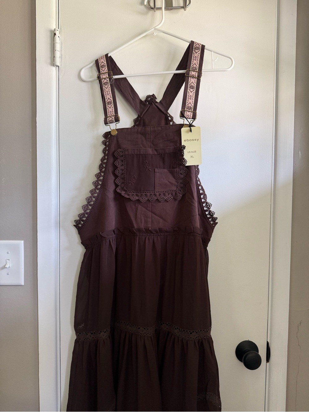Ebossy Chocolate Brown Maxi Dress with Embroidered Bib, Lace Detail, Size XL - Picture 4 of 9